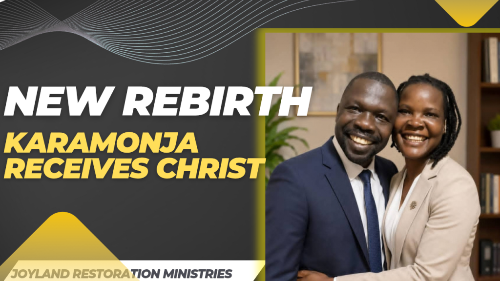 Black, yellow and grey thumbnail with title karamonja receives Christ with photo of founder